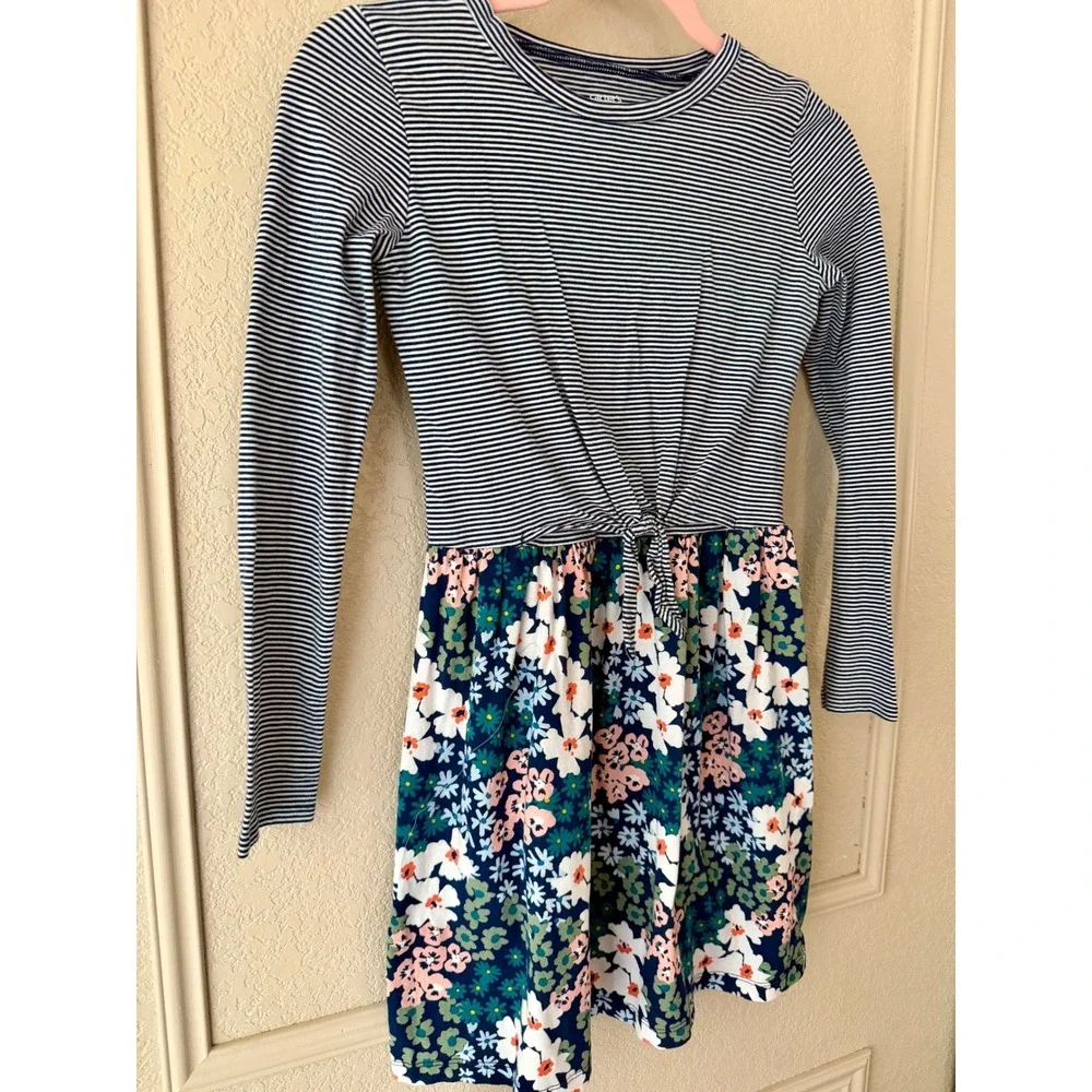 Carter's Girl's Long Sleeve Striped Floral Tie Front Dress Navy White Size 14